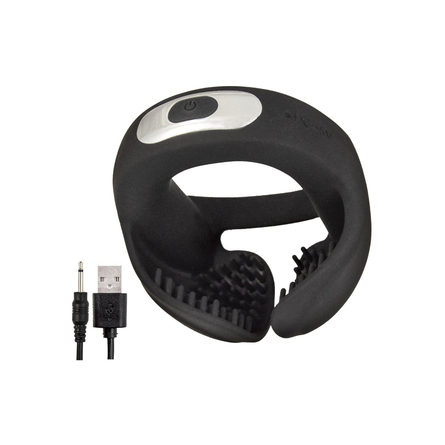 The Cockpower Scrotum Hugger Cock Ring by Nasstoys is a black, C-shaped massager made of premium silicone with textured inner surfaces and a central power button. It also functions as a scrotum hugger and comes with a USB charging cable featuring a round connector for easy recharging.