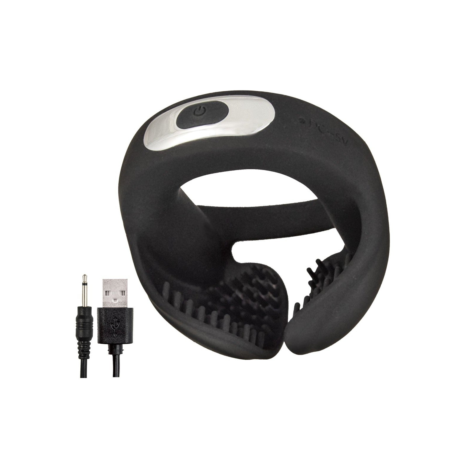 The Cockpower Scrotum Hugger Cock Ring by Nasstoys is a black, C-shaped massager made of premium silicone with textured inner surfaces and a central power button. It also functions as a scrotum hugger and comes with a USB charging cable featuring a round connector for easy recharging.