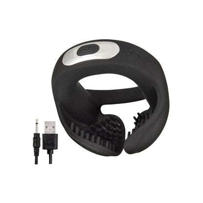 The Cockpower Scrotum Hugger Cock Ring by Nasstoys is a black, C-shaped massager made of premium silicone with textured inner surfaces and a central power button. It also functions as a scrotum hugger and comes with a USB charging cable featuring a round connector for easy recharging.