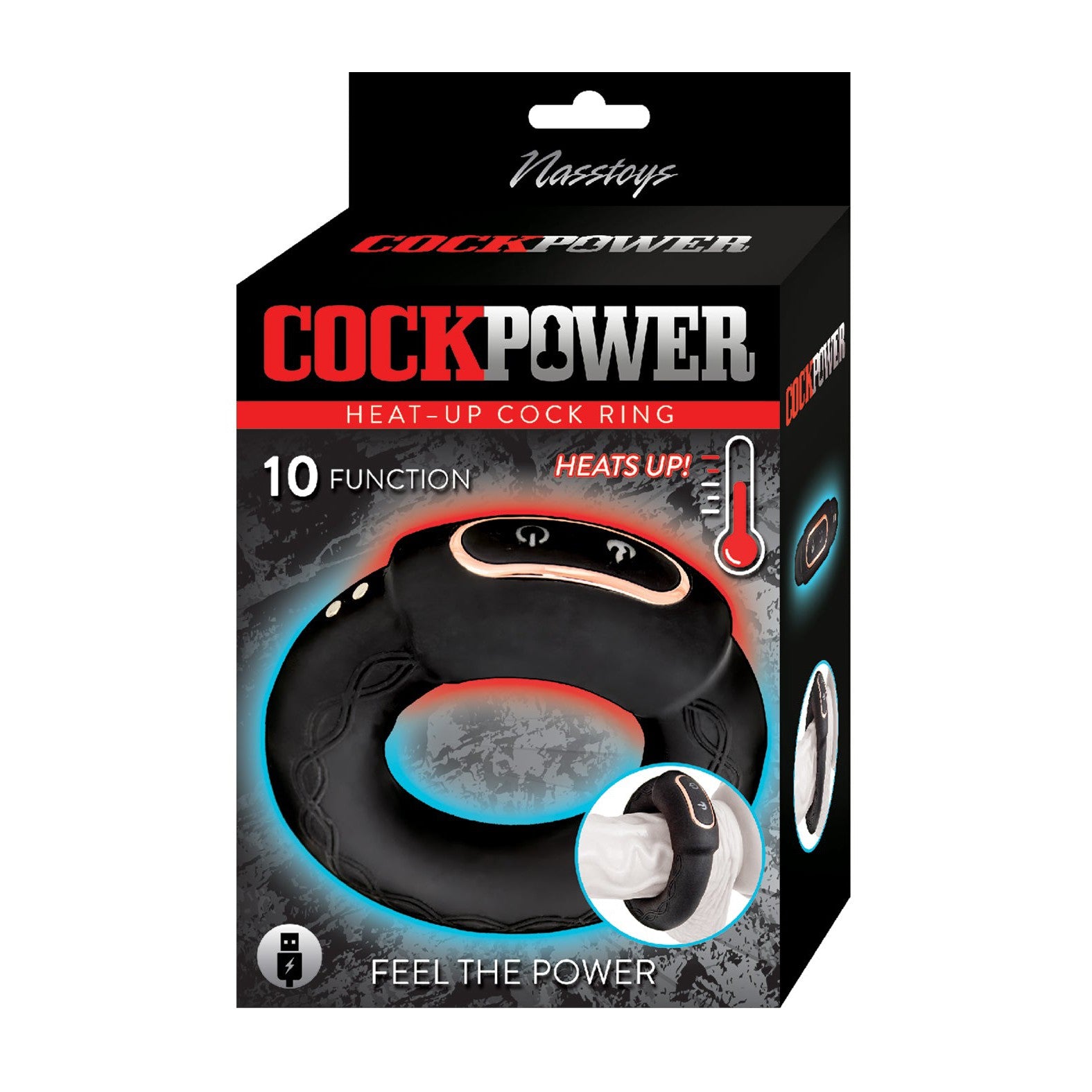 The Cockpower Heat up Cock Ring by Nasstoys features sleek packaging in black with red and white text, highlighting its body-safe silicone material and showcasing an image of the ring with 10 powerful vibrations.