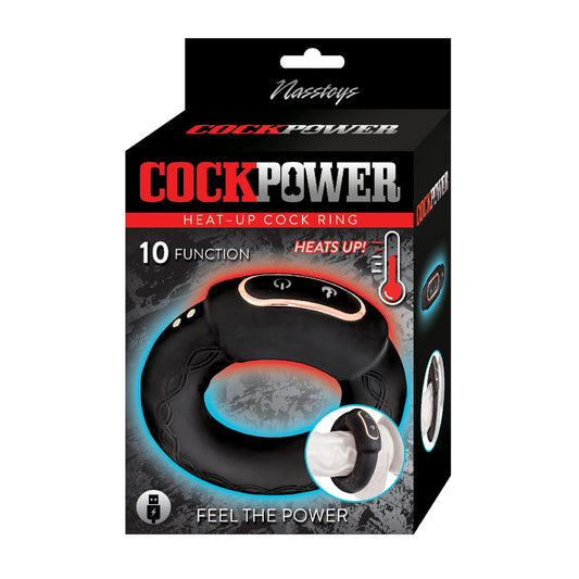 The Cockpower Heat up Cock Ring by Nasstoys features sleek packaging in black with red and white text, highlighting its body-safe silicone material and showcasing an image of the ring with 10 powerful vibrations.