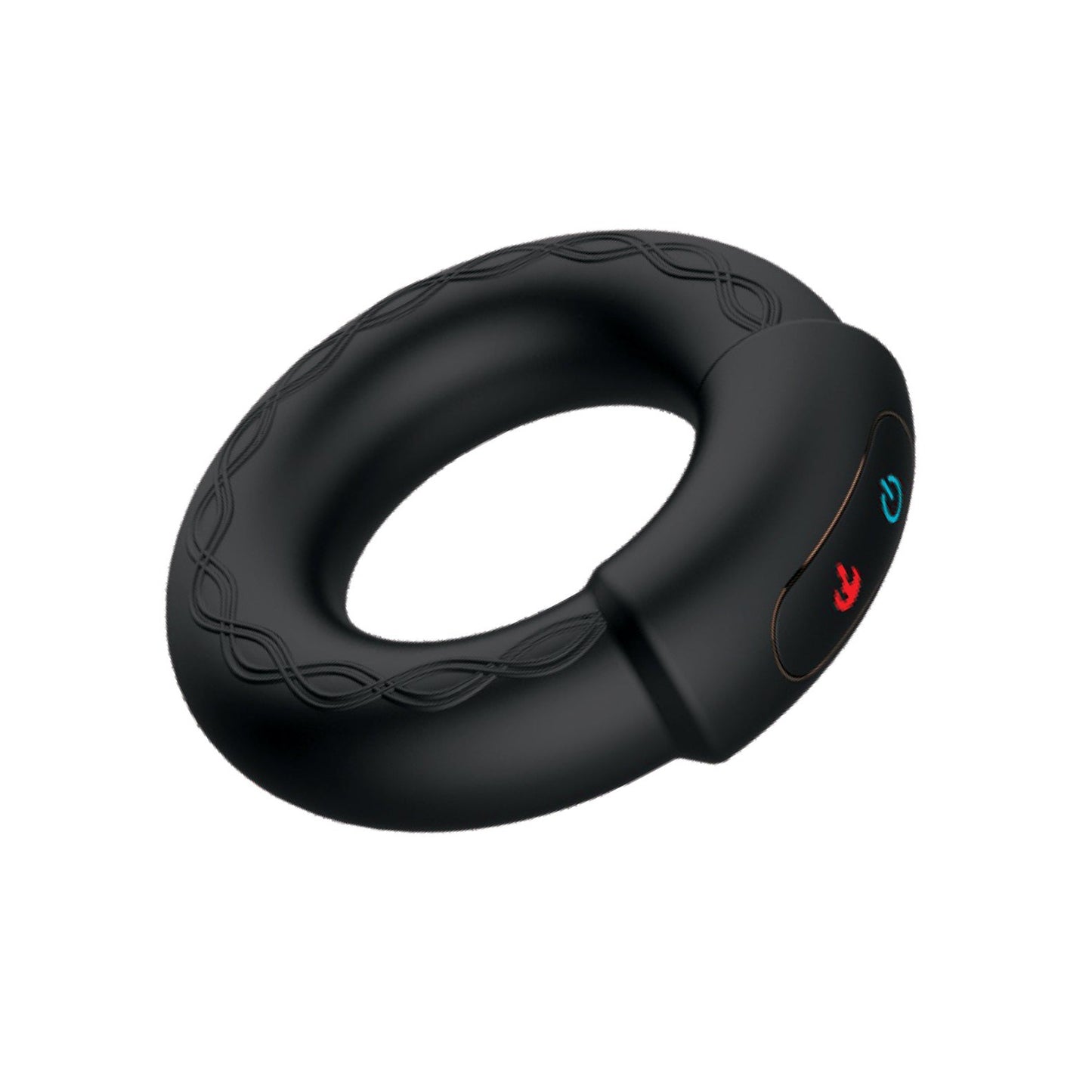 The Nasstoys Cockpower Heat up Cock Ring is a black, oval-shaped electronic device made of body-safe silicone with an embossed wave pattern along the edge and two surface buttons—one red and one blue.