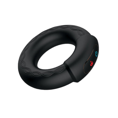 The Nasstoys Cockpower Heat up Cock Ring is a black, oval-shaped electronic device made of body-safe silicone with an embossed wave pattern along the edge and two surface buttons—one red and one blue.