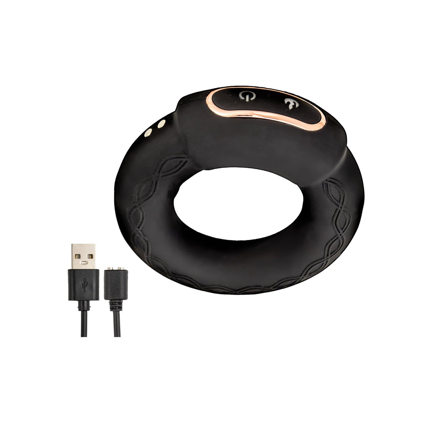 The Cockpower Heat up Cock Ring by Nasstoys is a black circular electronic device made of body-safe silicone. It features two buttons on top, a decorative edge pattern, a USB charging cable, and 10 powerful vibrations for an enhanced experience.