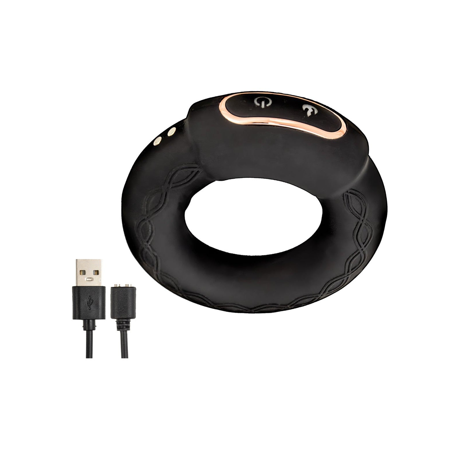 The Cockpower Heat up Cock Ring by Nasstoys is a black circular electronic device made of body-safe silicone. It features two buttons on top, a decorative edge pattern, a USB charging cable, and 10 powerful vibrations for an enhanced experience.