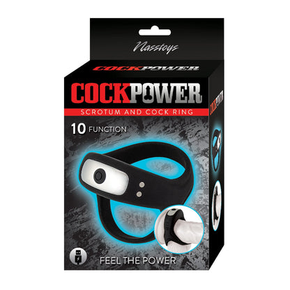 The image shows the black and blue packaging for Nasstoys Cockpower Scrotum and Cock Ring, made from body-safe silicone. It offers powerful vibrations with 10 functions, featuring a small circular photo of the product in use.