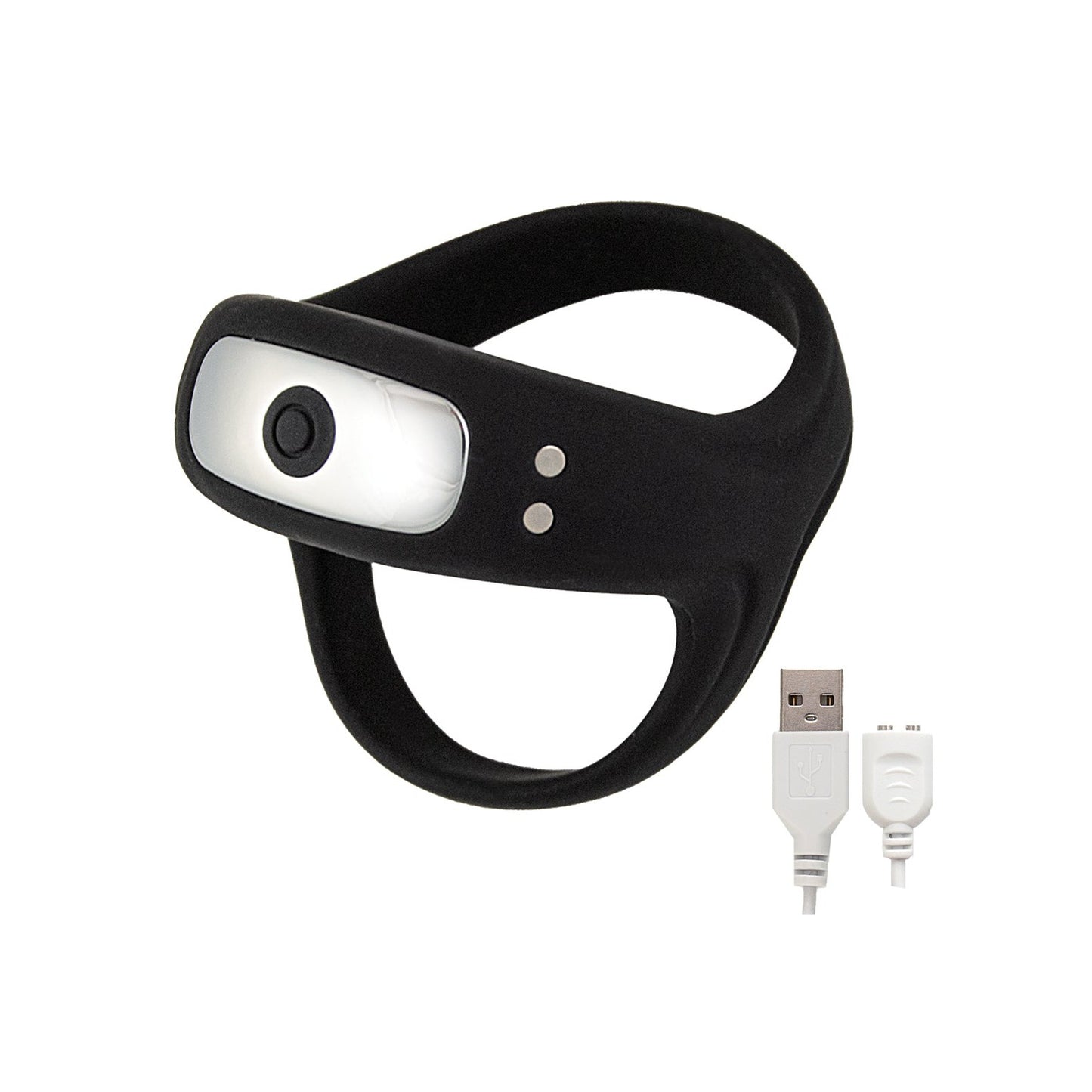 The Cockpower Scrotum and Cock Ring by Nasstoys is a black silicone looped wearable, featuring a central light or sensor, and comes with a white USB charging cable.