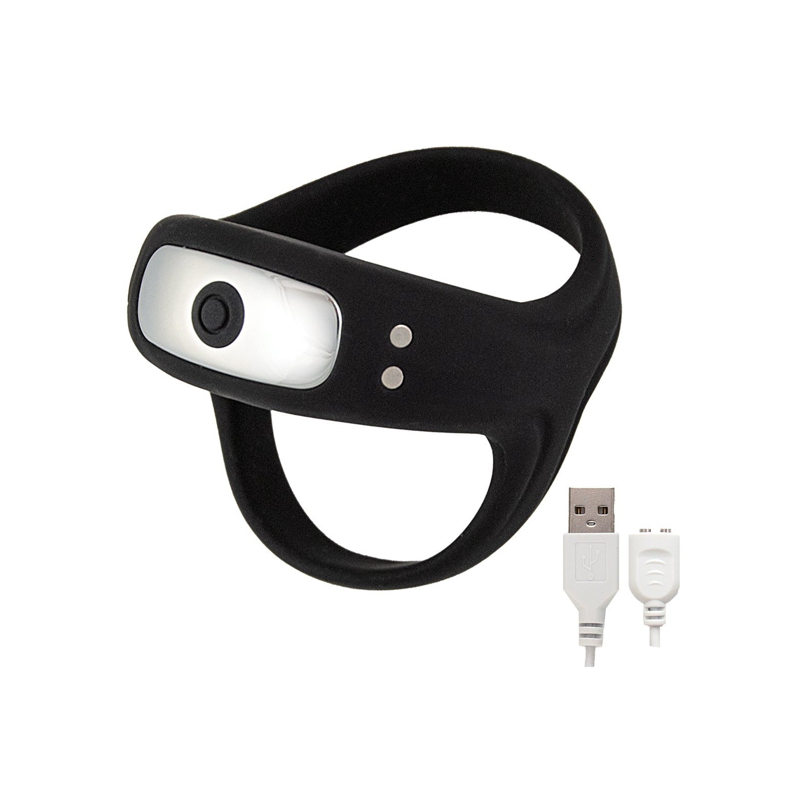 The Cockpower Scrotum and Cock Ring by Nasstoys is a black silicone looped wearable, featuring a central light or sensor, and comes with a white USB charging cable.