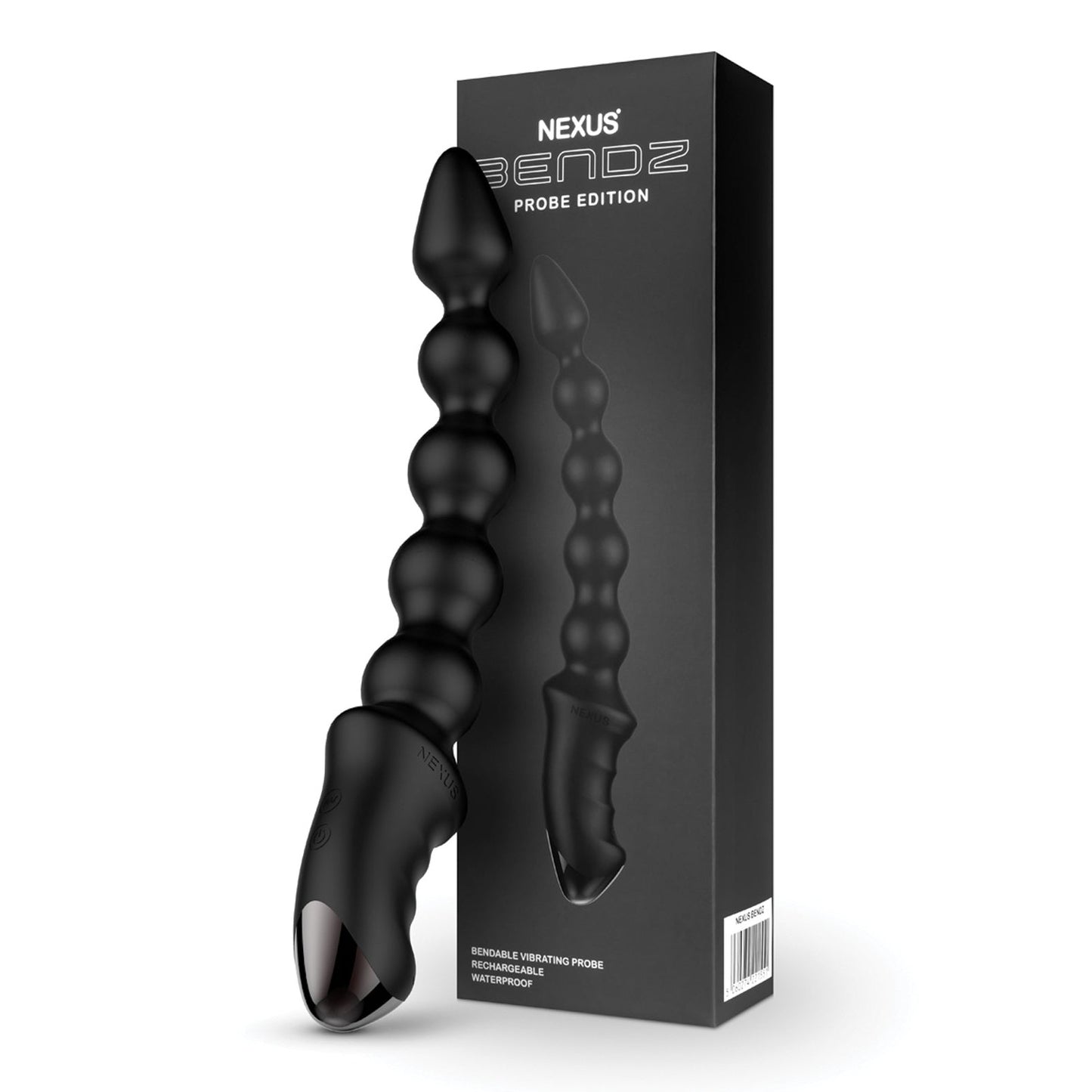 A black Nexus Bendz Bendable Vibrating Probe, featuring a wavy and bendable design, sits next to its packaging. The box displays an image of the product and the brand name Nexus, all set against a plain white background.