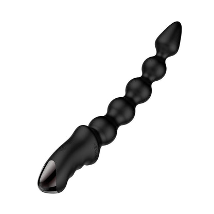 The Nexus Bendz Vibrating Probe, in black dual-density silicone, has a slender tip with bulbous sections. Its bendable design adds flexibility, while the ergonomic handle with a glossy accent ensures a comfortable grip.
