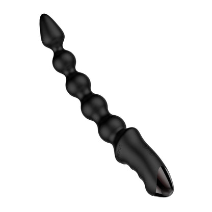The Nexus Bendz Bendable Vibrating Probe, by Nexus, is a sleek black dual density silicone probe featuring a curved design with a tapered tip and spherical beads. It ends in an ergonomic handle with a loop for comfort and ease of use.