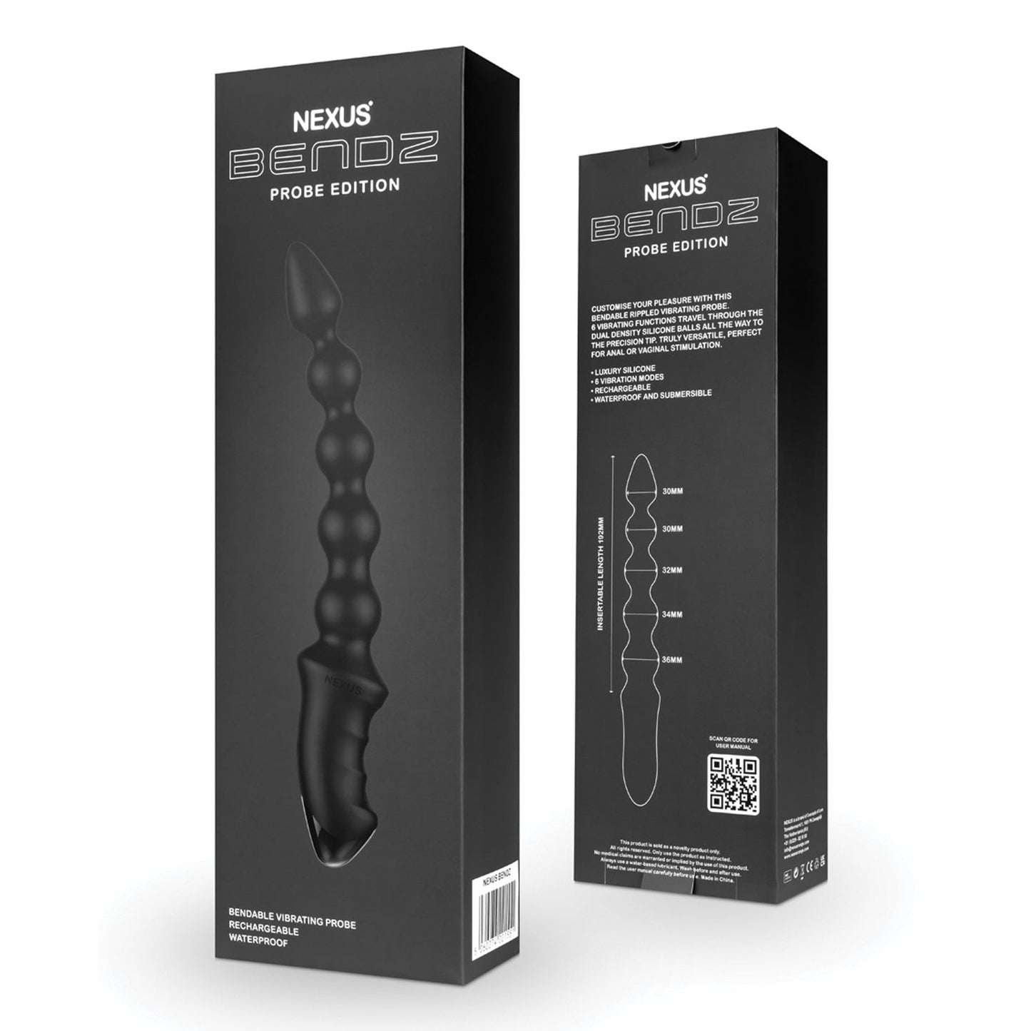 The Nexus Bendz Bendable Vibrating Probe by Nexus features sleek packaging with a black, beaded curved probe vibrator. Its bendable, made from dual-density silicone, and is rechargeable, waterproof, and flexible.