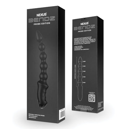 The Nexus Bendz Bendable Vibrating Probe by Nexus features sleek packaging with a black, beaded curved probe vibrator. Its bendable, made from dual-density silicone, and is rechargeable, waterproof, and flexible.