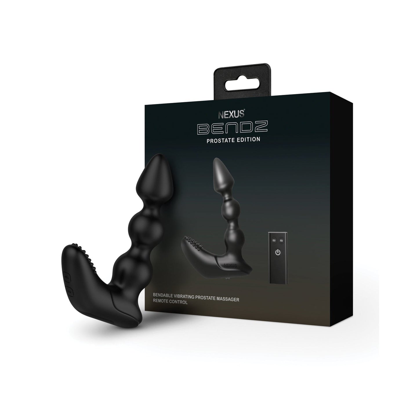 A black massager with a rounded, textured, and bendable design is shown next to its packaging. The box displays an image of the Nexus Bendz and text stating its a Bendable Vibrating Prostate Massager with Remote Control, made from luxury silicone.