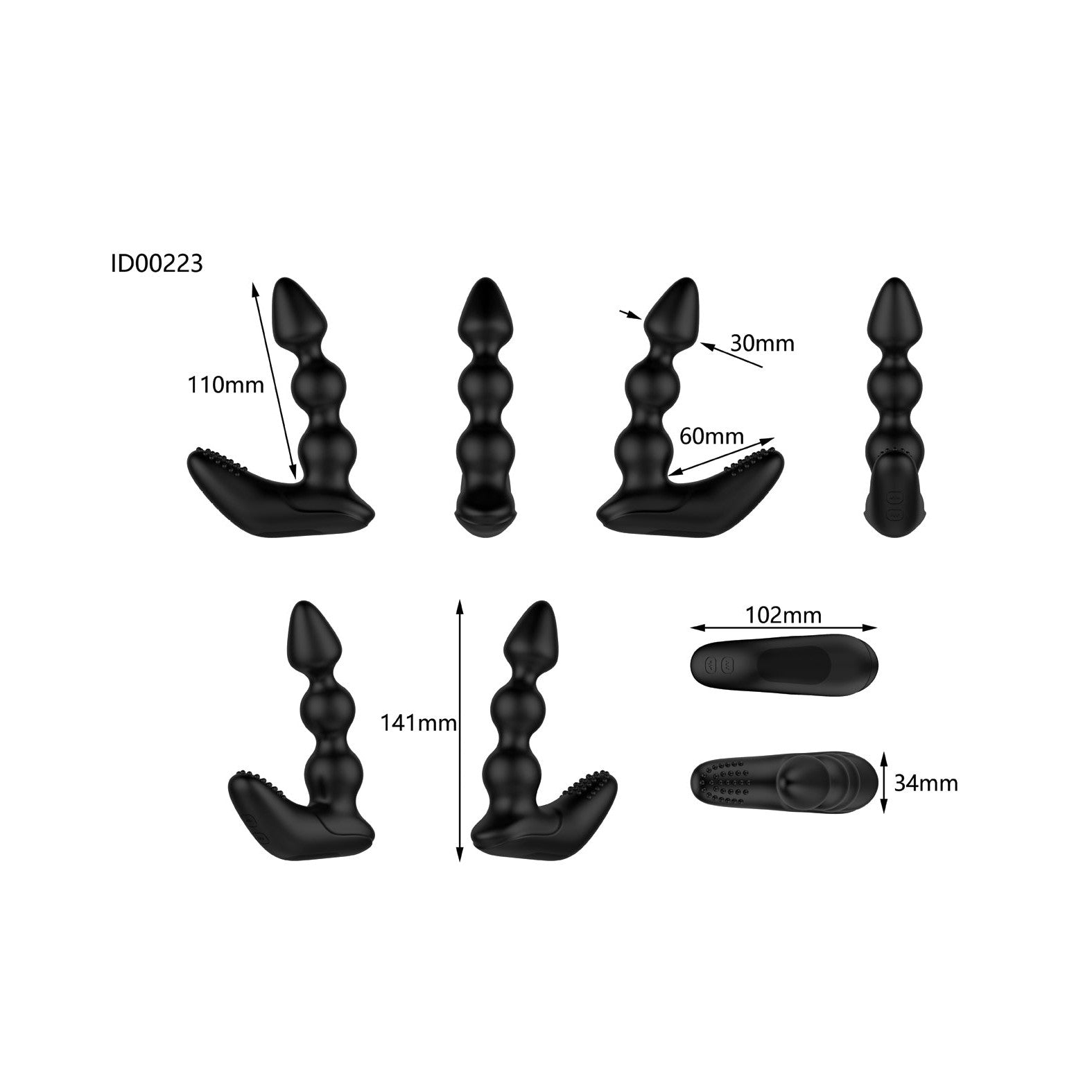An image presents various angles and dimensions of the black, segmented Nexus Bendz Bendable Prostate & Perineum Massager made from luxury silicone. Labeled measurements—110mm, 141mm, 102mm, 60mm, 34mm, and 30mm—highlight its bendable design for optimal comfort.