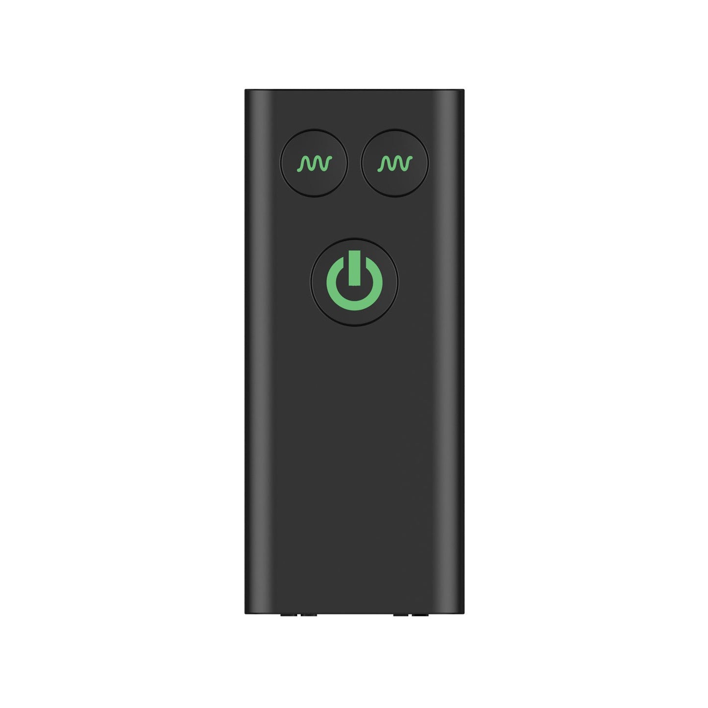 The Nexus Bendz Massager is a black rectangular remote crafted from luxury silicone, featuring two small buttons with waveform symbols at the top and a larger green power button centered below. Its bendable design ensures comfort and precision for the Nexus Bendz Prostate experience.