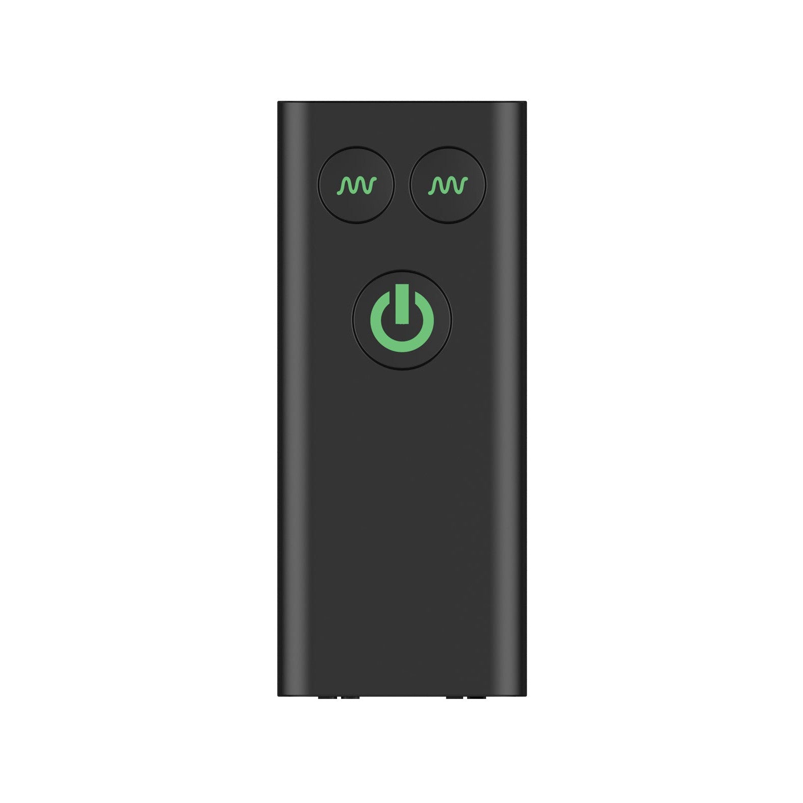 The Nexus Bendz Massager is a black rectangular remote crafted from luxury silicone, featuring two small buttons with waveform symbols at the top and a larger green power button centered below. Its bendable design ensures comfort and precision for the Nexus Bendz Prostate experience.