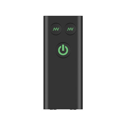 The Nexus Bendz Massager is a black rectangular remote crafted from luxury silicone, featuring two small buttons with waveform symbols at the top and a larger green power button centered below. Its bendable design ensures comfort and precision for the Nexus Bendz Prostate experience.