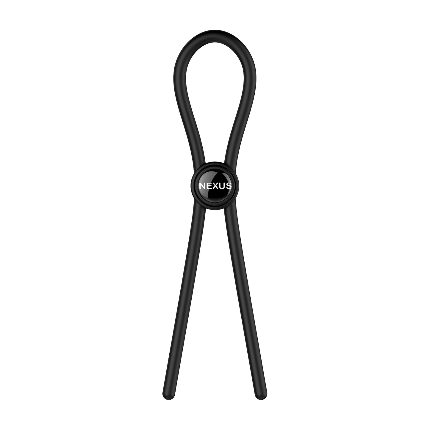 The Nexus Forge Single Lasso, a black hair styling tool by Nexus, features a unique loop with two long handles and a central silicone ring for effortless precision, epitomizing innovation in the Nexus Forge collection.
