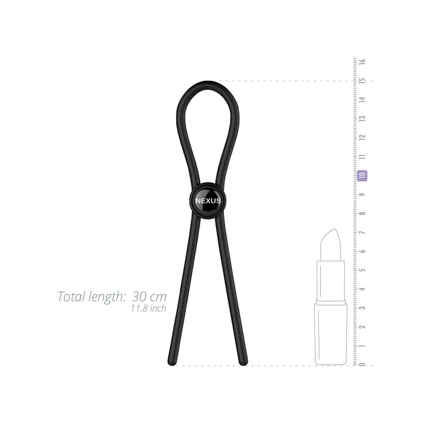 Illustration of a Nexus Forge Single Lasso by Nexus in black, resembling a large paperclip, customized to 30 cm (11.8 inches) long. A ruler and lipstick are included for size comparison.