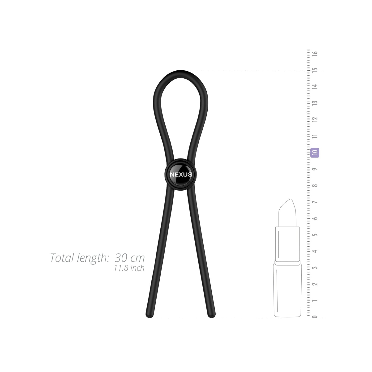 Illustration of a Nexus Forge Single Lasso by Nexus in black, resembling a large paperclip, customized to 30 cm (11.8 inches) long. A ruler and lipstick are included for size comparison.