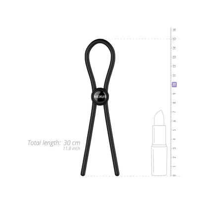 Illustration of a Nexus Forge Single Lasso by Nexus in black, resembling a large paperclip, customized to 30 cm (11.8 inches) long. A ruler and lipstick are included for size comparison.