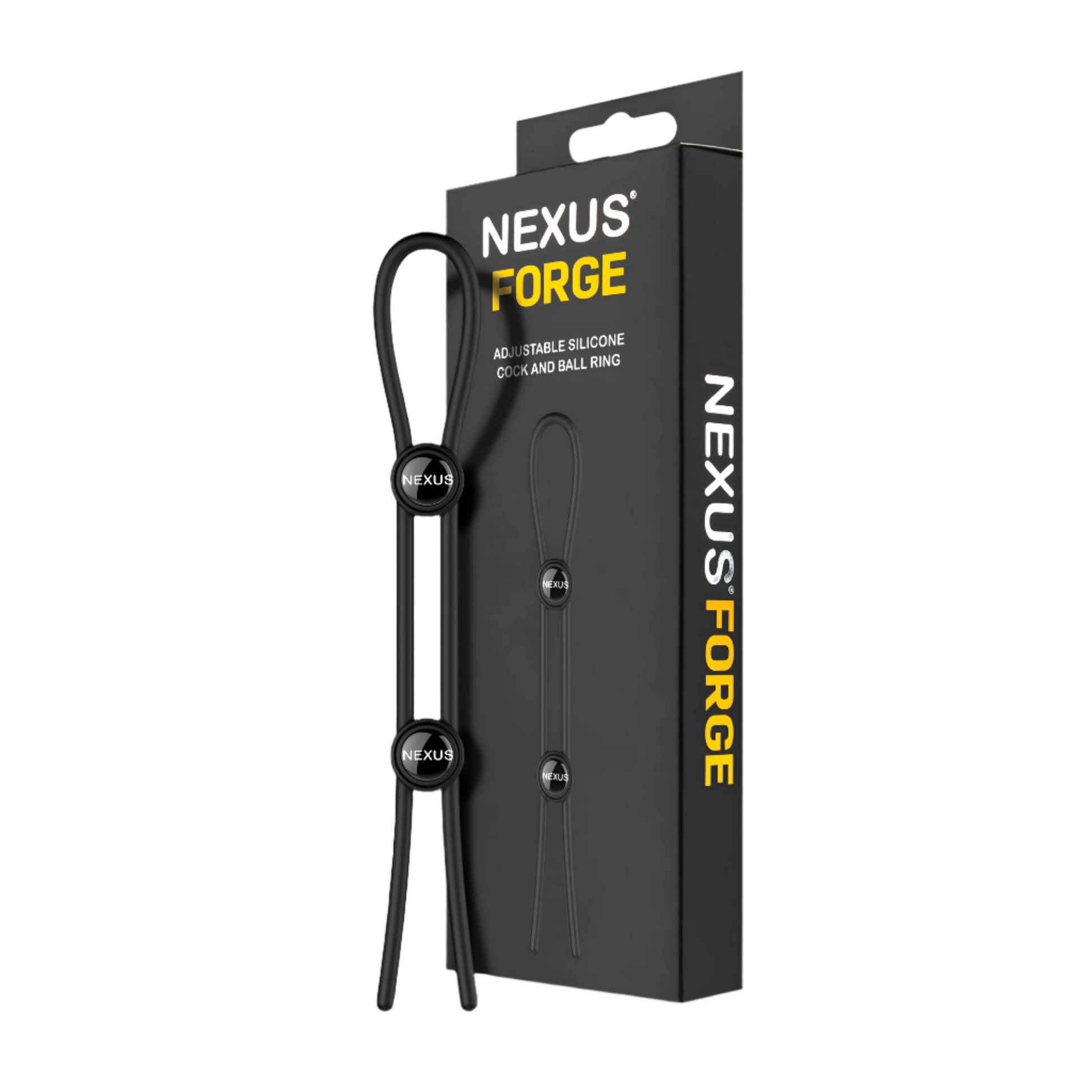 The image showcases the Nexus Forge Double Lasso by Nexus, an adjustable silicone cock and ball ring with a double lasso design featuring two black sliders. The product is displayed next to its predominantly black packaging with white and orange text.