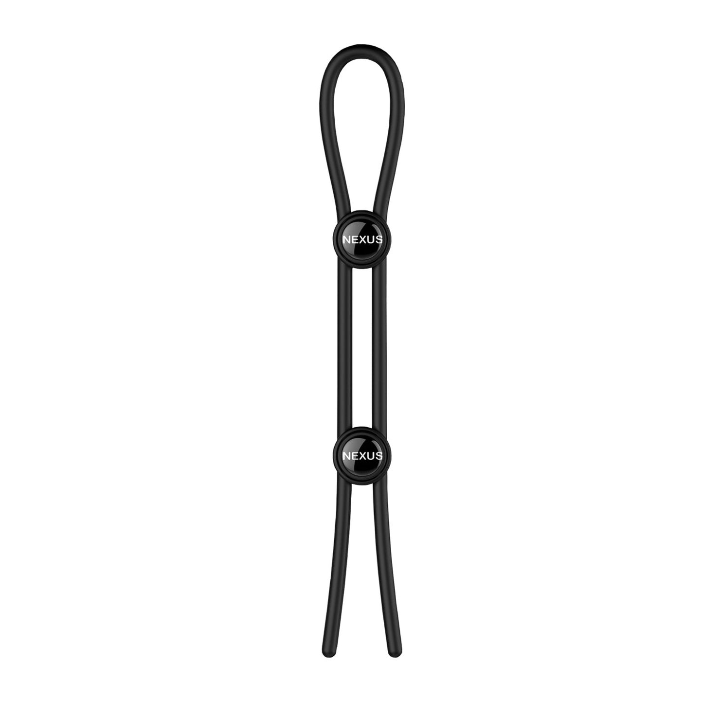 The Nexus Forge Double Lasso by Nexus features a black adjustable strap with two round plastic stoppers and the word NEXUS. Its double lasso design forms a loop at one end with two tapered ends at the other, ideal for fastening or securing items.