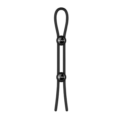 The Nexus Forge Double Lasso by Nexus features a black adjustable strap with two round plastic stoppers and the word NEXUS. Its double lasso design forms a loop at one end with two tapered ends at the other, ideal for fastening or securing items.