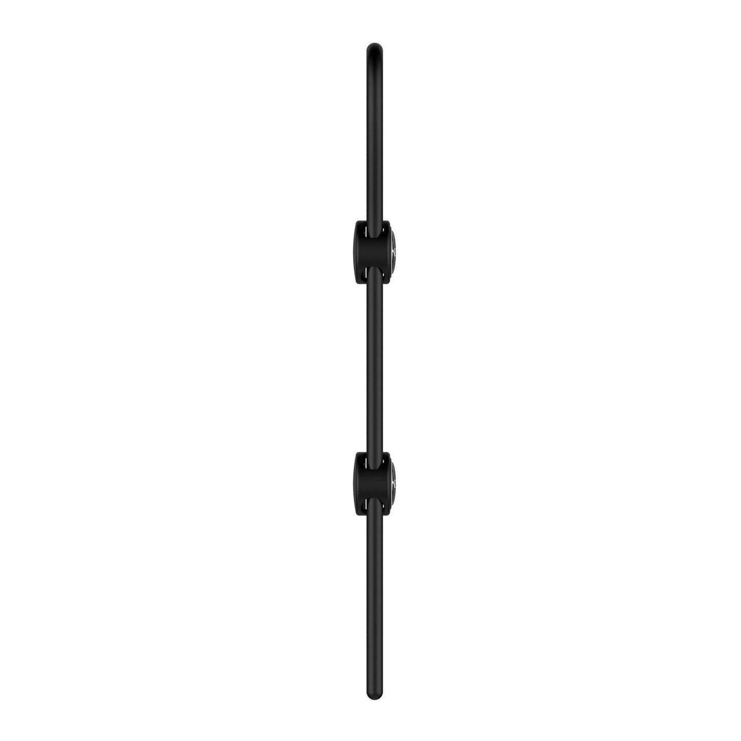 The Nexus Forge Double Lasso by Nexus is a minimalist black metal bar handle with two cylindrical mounting brackets, featuring a modern double lasso design, displayed vertically on a white background.