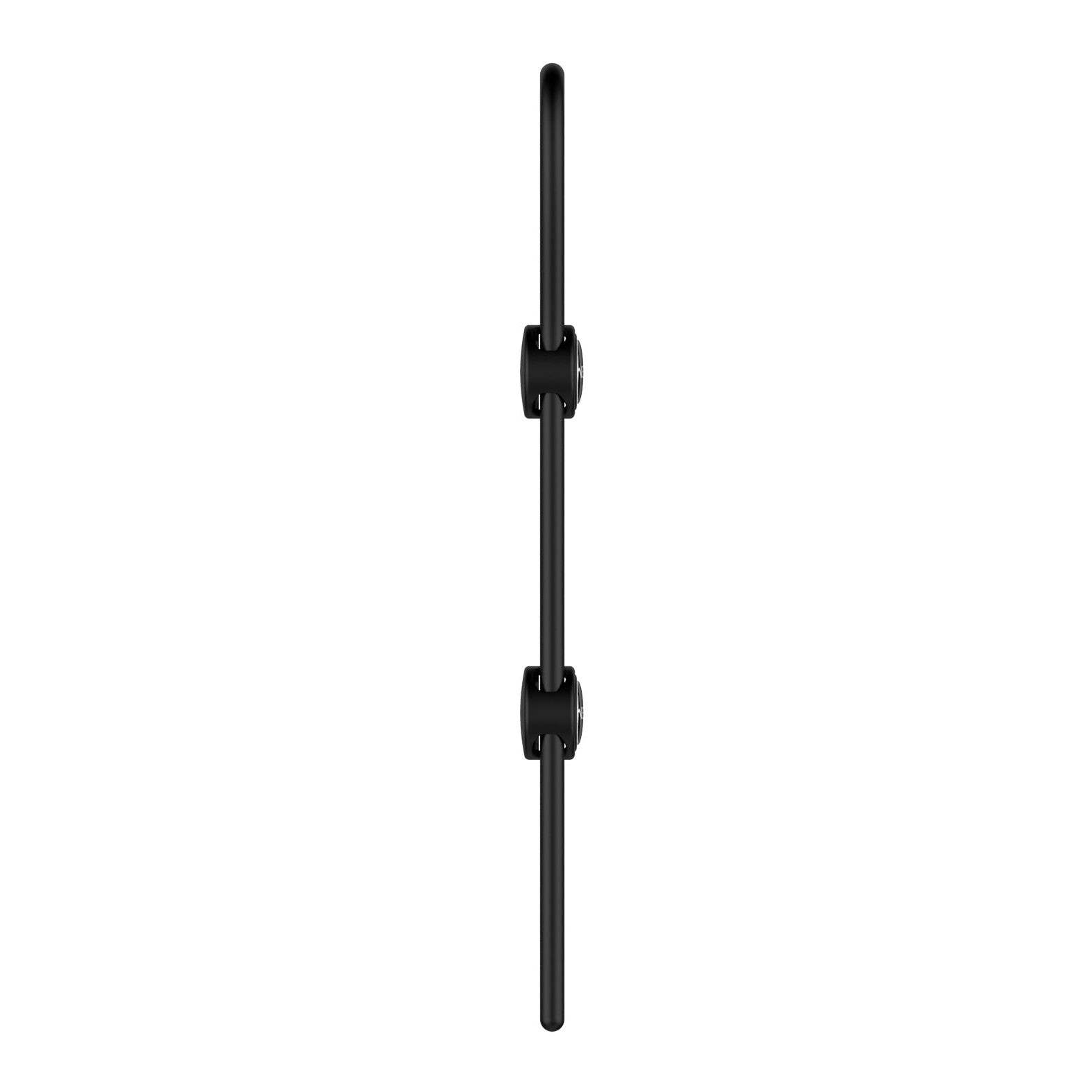 The Nexus Forge Double Lasso by Nexus is a minimalist black metal bar handle with two cylindrical mounting brackets, featuring a modern double lasso design, displayed vertically on a white background.