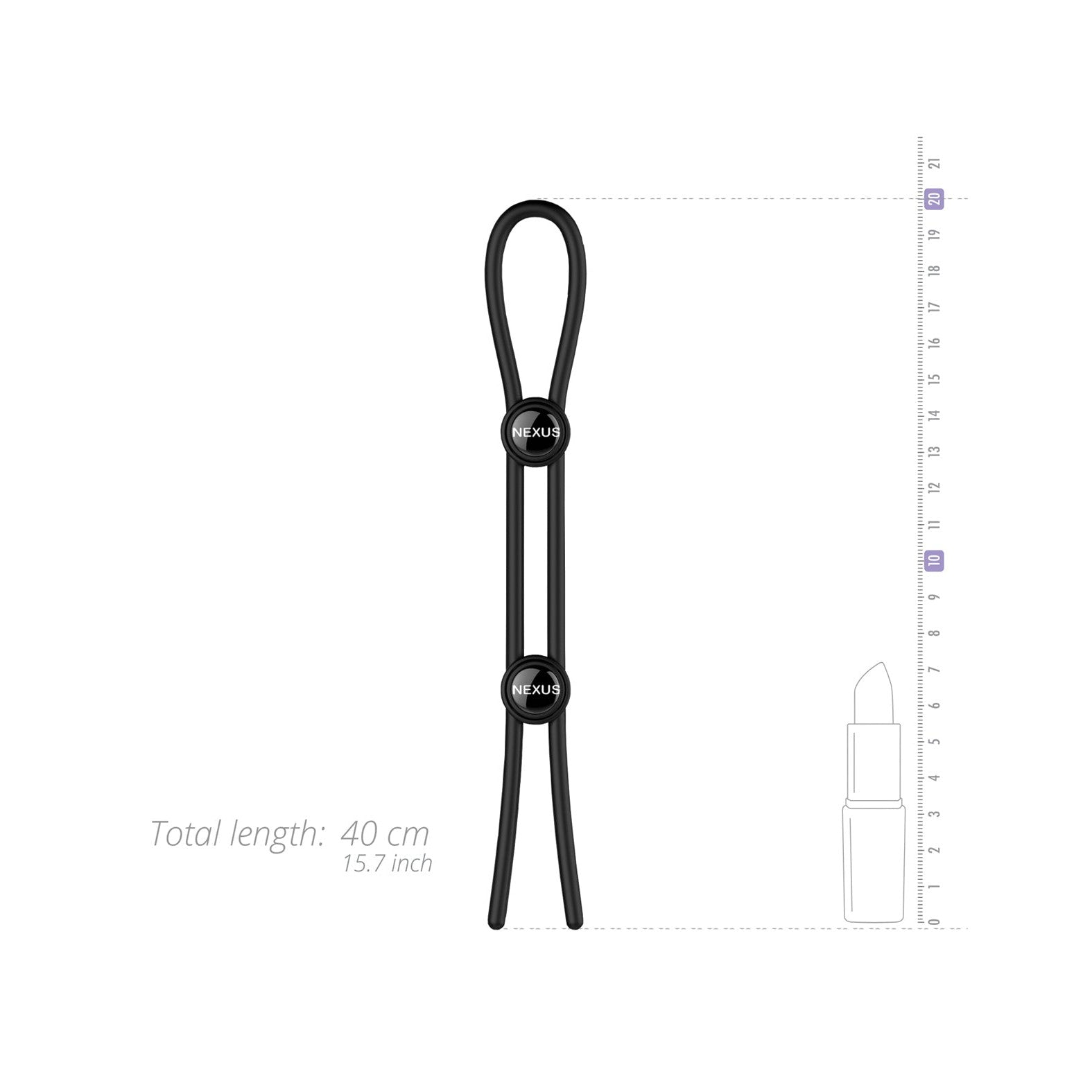 The Nexus Forge Double Lasso by Nexus is a black flexible cable akin to an adjustable silicone cock ring with a double lasso design, measuring 40 cm (15.7 inches). Displayed on a neutral background with ruler and lipstick graphics for size reference, its perfect for discreetly boosting stamina.