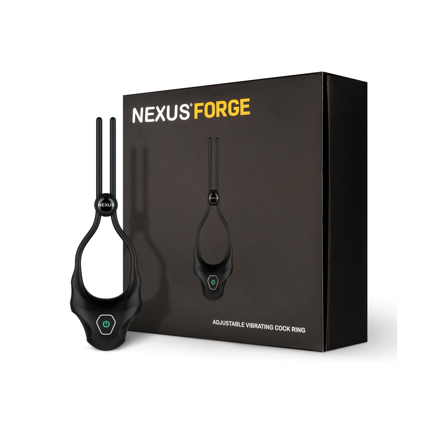 The Nexus Forge Single Lasso Vibrating Cock Ring in black is shown with its sleek, dark packaging. Featuring a two-pronged design and a small control button, it offers 6 vibrating modes. The packaging prominently displays the Nexus brand name in striking white and yellow text.