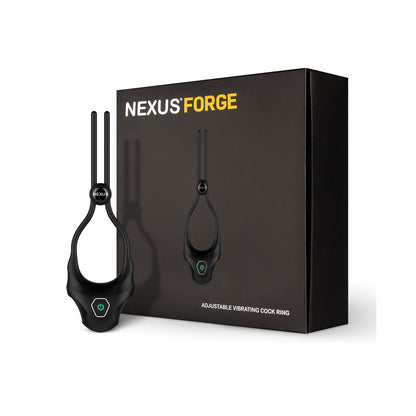 The Nexus Forge Single Lasso Vibrating Cock Ring in black is shown with its sleek, dark packaging. Featuring a two-pronged design and a small control button, it offers 6 vibrating modes. The packaging prominently displays the Nexus brand name in striking white and yellow text.