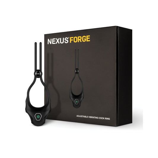The Nexus Forge Single Lasso Vibrating Cock Ring in black is shown with its sleek, dark packaging. Featuring a two-pronged design and a small control button, it offers 6 vibrating modes. The packaging prominently displays the Nexus brand name in striking white and yellow text.