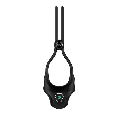 The Nexus Forge Single Lasso Vibrating Cock Ring is a sleek black device featuring an adjustable lasso with a loop at the bottom and two upward prongs. It boasts 6 vibrating modes and has a power button on the lower part.