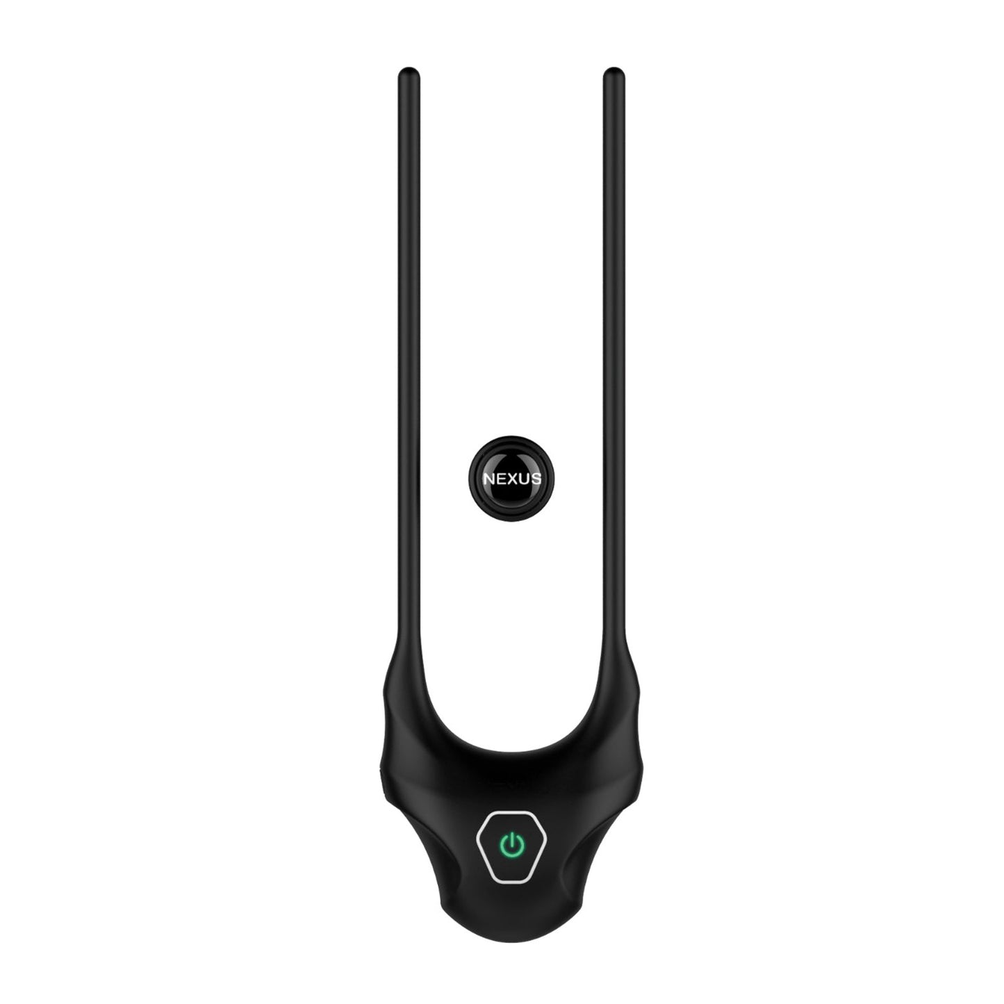 The Nexus Forge Single Lasso Vibrating Cock Ring is a sleek black device with a digital power button at the bottom and a circular Nexus button above, offering 6 vibration modes for adjustable lasso precision.