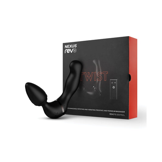 A black Nexus Revo Twist Rotating & Vibrating Massager, designed for anal and perineum stimulation, is displayed before its packaging. The black box with red sides features the Nexus branding and a simple illustration of the massager alongside its remote control.