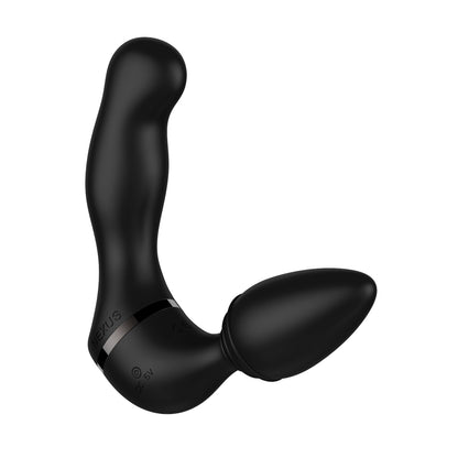 The Nexus Revo Twist Rotating & Vibrating Massager by Nexus is a sleek, black, curved device with a bulbous tip, designed to provide rotating and vibrating sensations for unmatched anal and perineum stimulation, set against a plain white background.