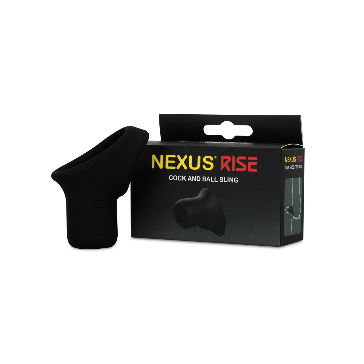 A black Nexus Rise Liquid Silicone Cock & Ball Sling, promising ultimate support, is showcased alongside its minimalist packaging, which displays the product name and a small image.