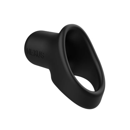 A black silicone ring with a cylindrical extension, embossed with NEXUS, crafted from silky liquid silicone for great support. This sleek, minimalist design is the Nexus Rise Liquid Silicone Cock & Ball Sling.