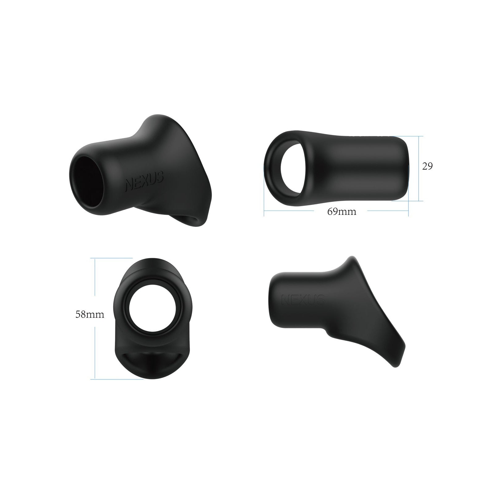 Displayed against a white background are four black silicone attachments from the Nexus Rise Liquid Silicone Cock & Ball Sling. Made of silky silicone, they provide excellent support with unique shapes; one measures 29mm, another 69mm, and a third is 58mm in height.