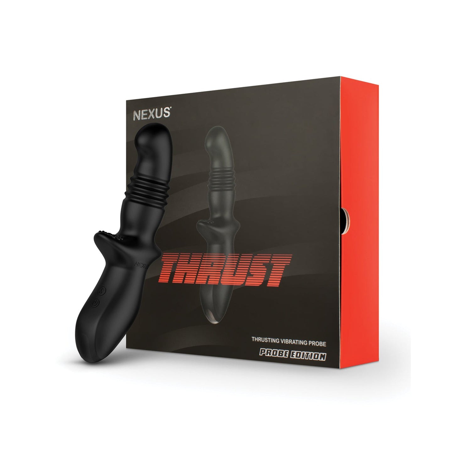 An image of the Nexus Thrust 3 Speed Thrusting Probe shows a black vibrating probe with a silicone shaft in sleek black and orange packaging. THRUST is boldly displayed in red, and the stylish box presents the toy prominently.