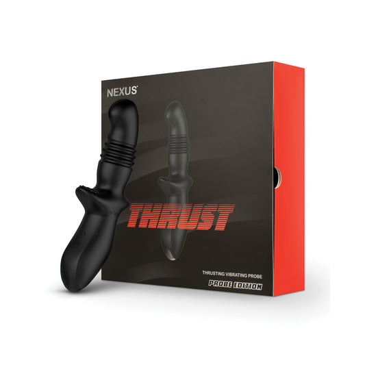 An image of the Nexus Thrust 3 Speed Thrusting Probe shows a black vibrating probe with a silicone shaft in sleek black and orange packaging. THRUST is boldly displayed in red, and the stylish box presents the toy prominently.