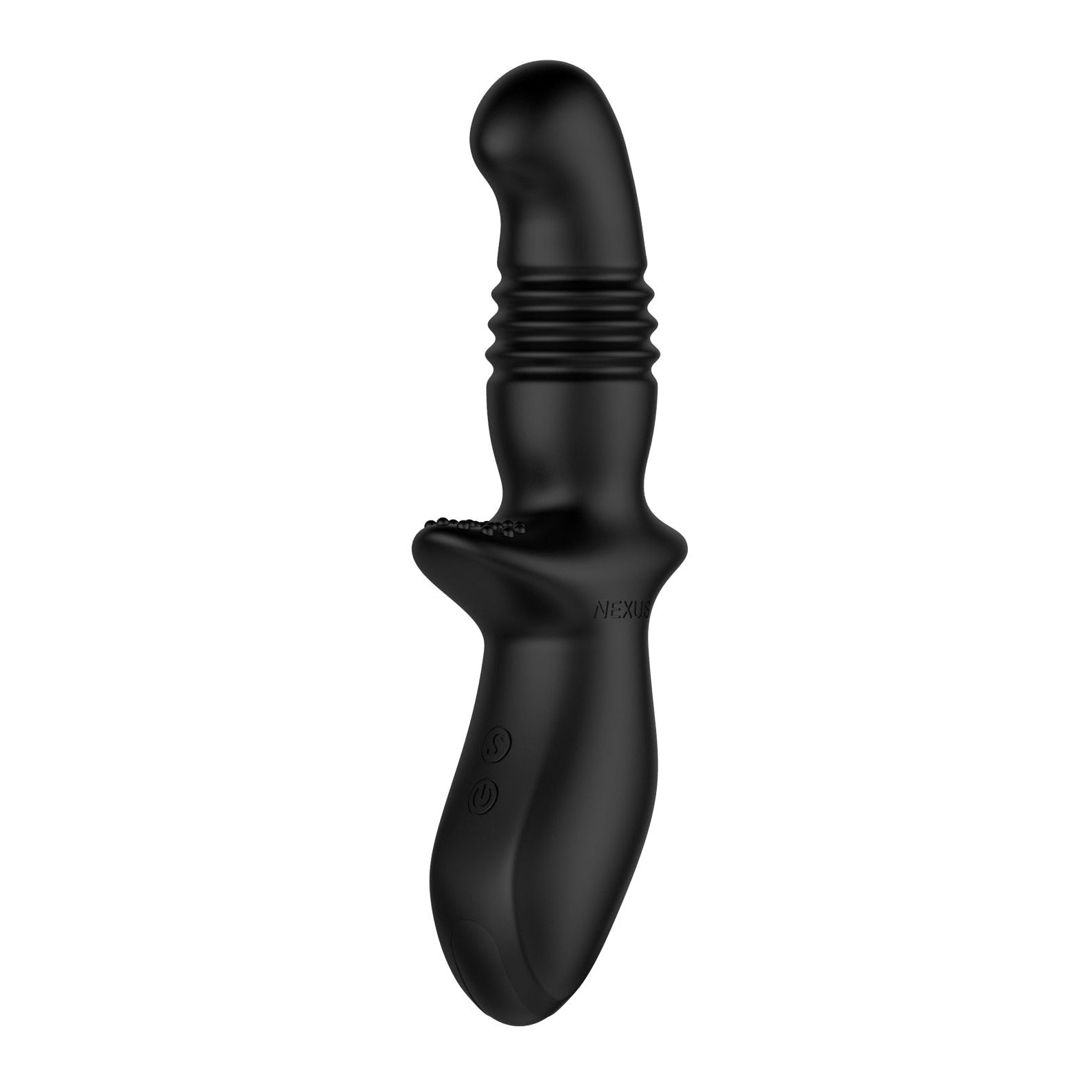 The Nexus Thrust 3 Speed Thrusting Probe by Nexus is a black silicone massager with an ergonomic design, featuring a curved shaft with ridges, a flared base for safety, and button controls for ease of use.
