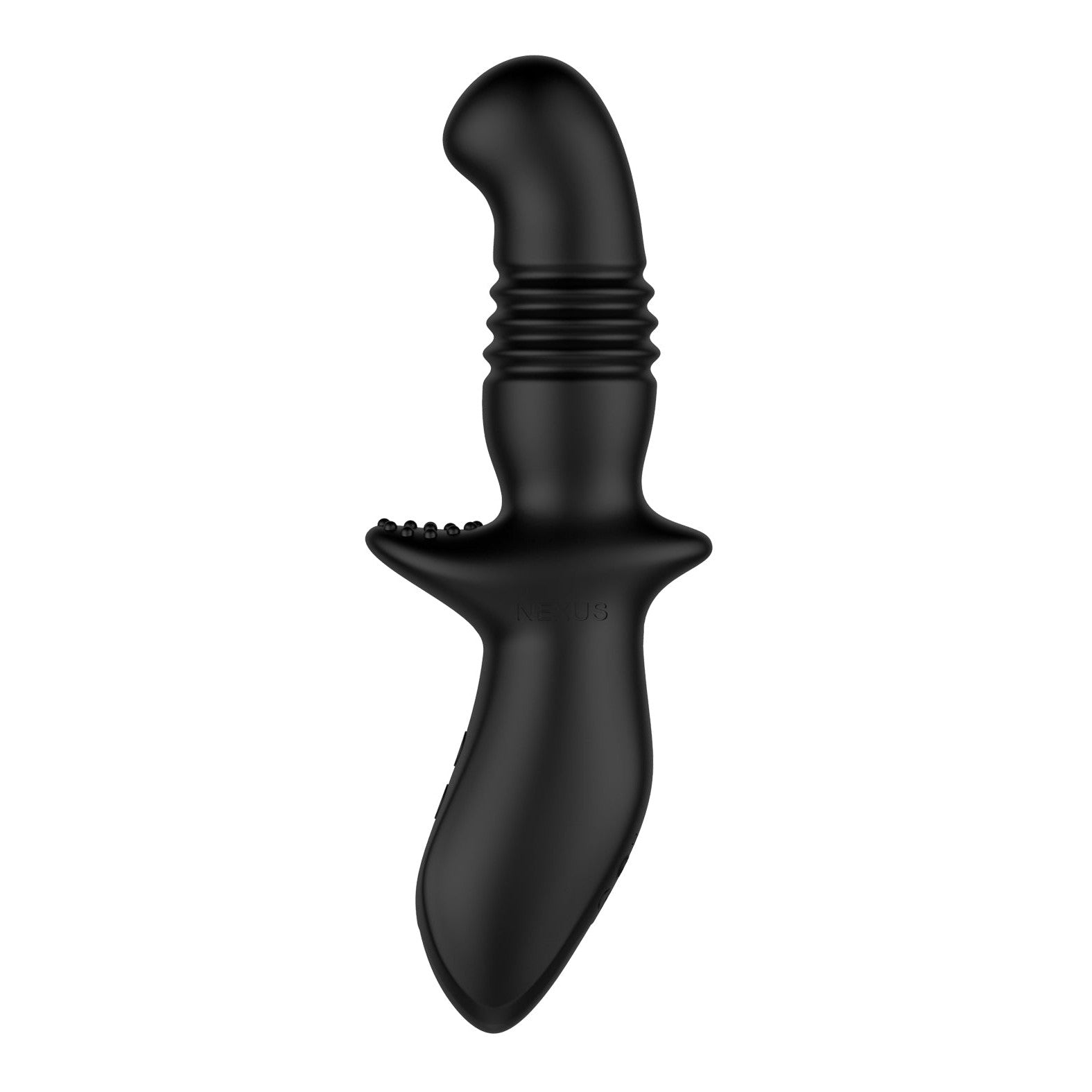 The Nexus Thrust 3 Speed Thrusting Probe, in black silicone, has a curvy design with textured grip. Its sleek shape features ribbed top details and small bumps, offering an ergonomic and premium thrusting toy experience.
