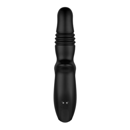 The Nexus Thrust 3 Speed Thrusting Probe is a black silicone vibrator with a smooth, curved design and ribbed texture. It features a seamless finish and has a small control button at the base for easy use.