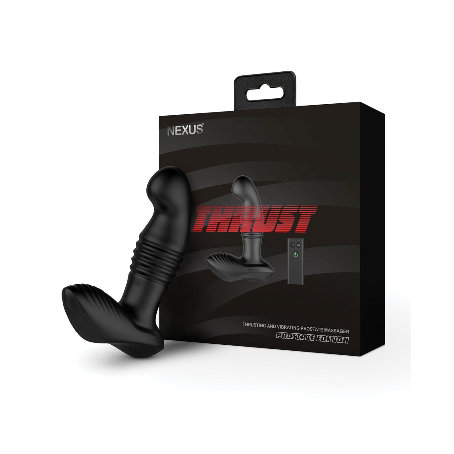 The image features a Nexus Thrust Prostate Edition massager in black next to its packaging. The box emphasizes THRUST in red and shows images of the massager, suggesting its multiple vibrating modes for an enhanced experience.