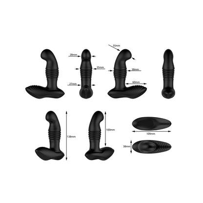 The Nexus Thrust Prostate Edition by Nexus, a series of sleek black silicone plugs including a versatile prostate massager, is displayed against a white background. Shown from various angles, they highlight their curves and textured surfaces with labeled measurements for each dimension.