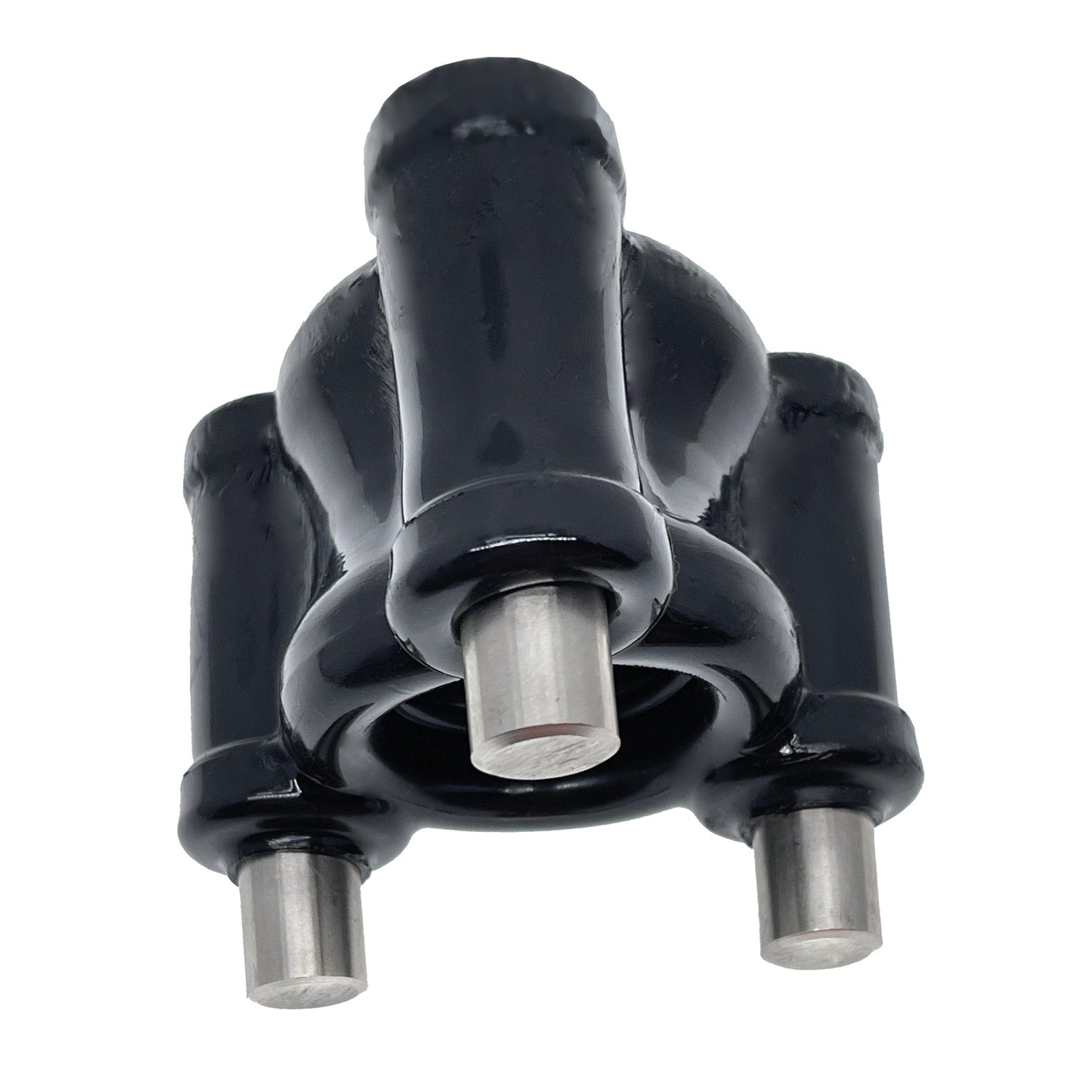 The Oxballs Heavy Squeeze Ballstretcher, by Oxballs, showcases a robust and industrial design with a shiny black finish, featuring three cylindrical metal pins. It boasts a perfectly balanced and symmetrical layout with a smooth surface.